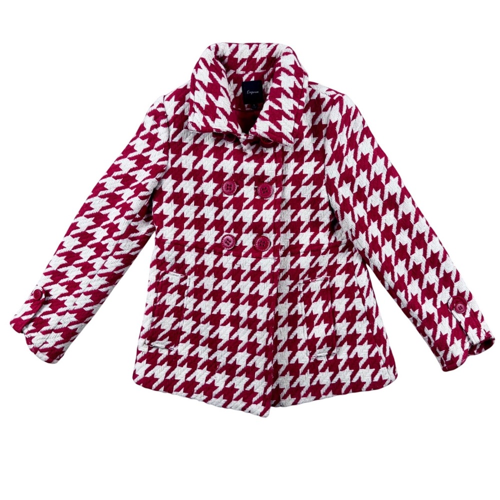 Express Womens Red White Houndstooth Pea Coat Wool‎ Blend Jacket Size Small